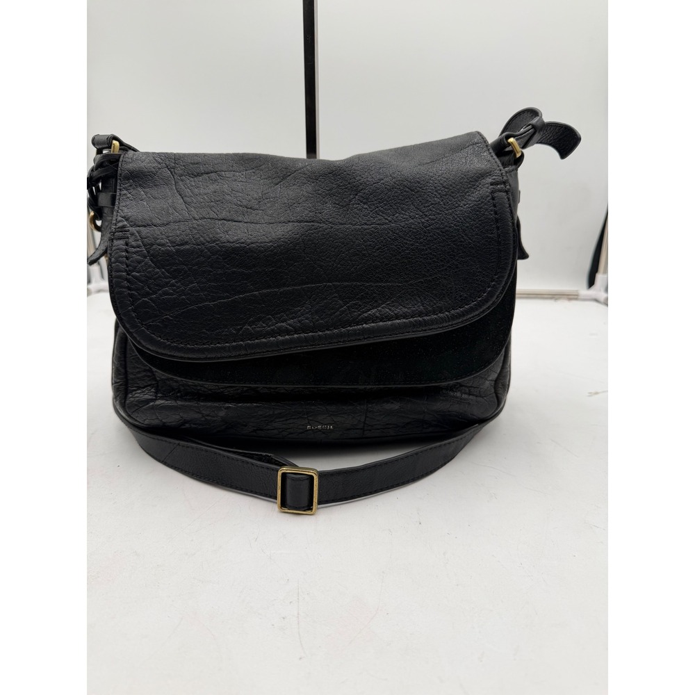 Fossil Black Pebbled Leather Suede Flap Crossbody Messenger Bag Brass Hardware